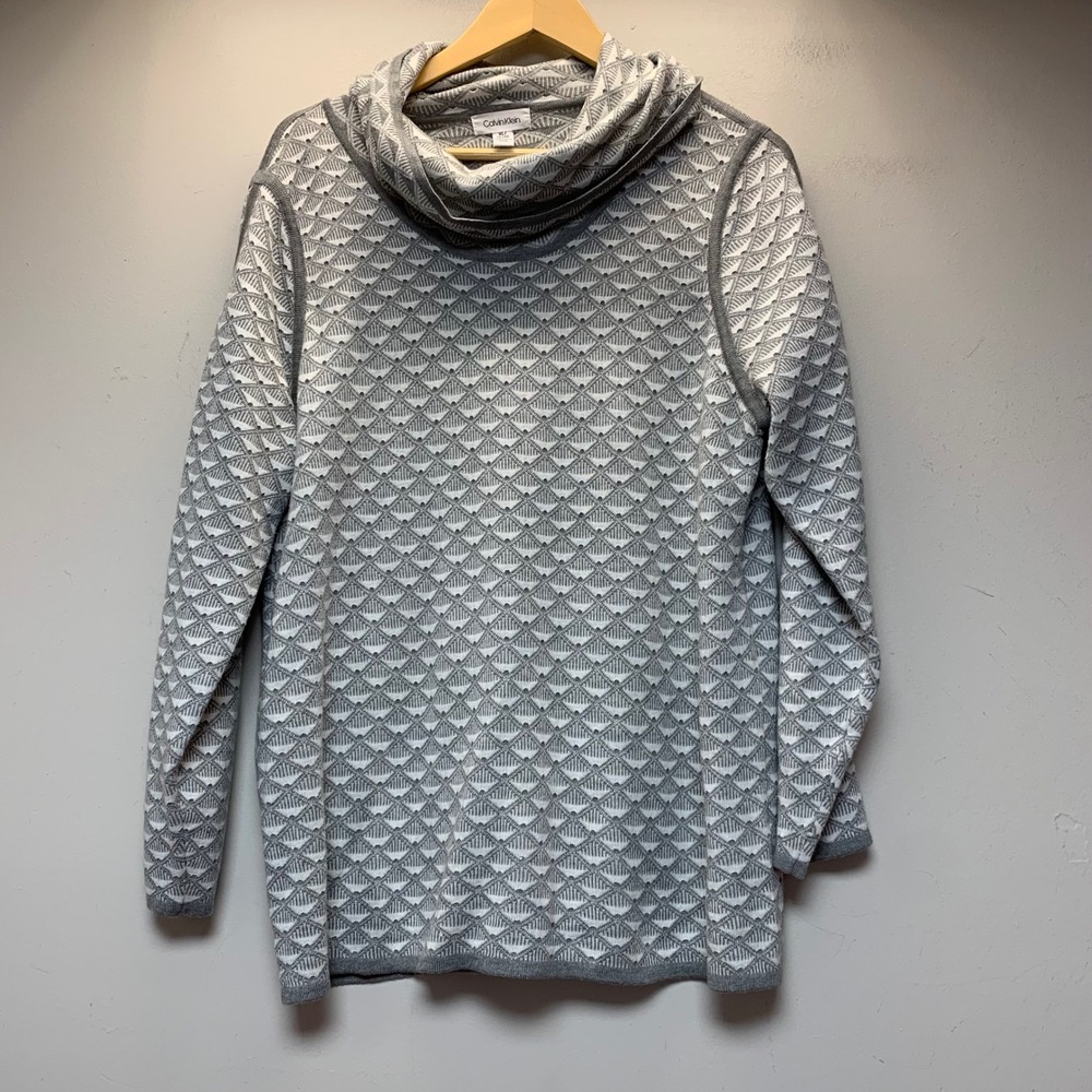 Calvin Klein Cowl Neck Sweater Womens XL Grey White Excellent Geometric Knit